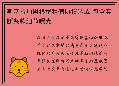 斯基拉加盟狼堡租借协议达成 包含买断条款细节曝光