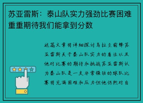 苏亚雷斯：泰山队实力强劲比赛困难重重期待我们能拿到分数