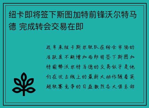 纽卡即将签下斯图加特前锋沃尔特马德 完成转会交易在即